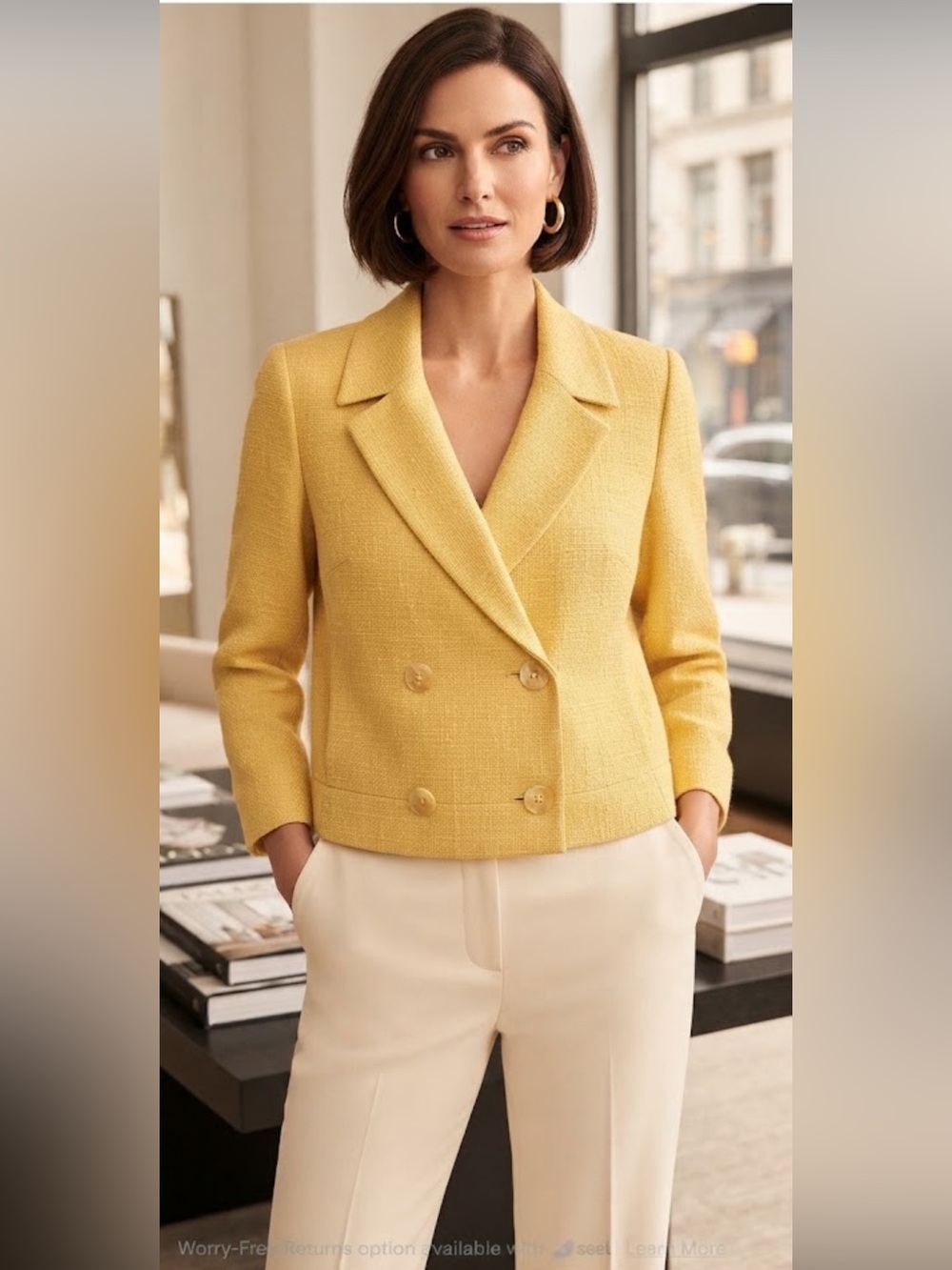 NWT Talbots Double Breasted Cropped Blazer Yellow Woven Jacket Size 12